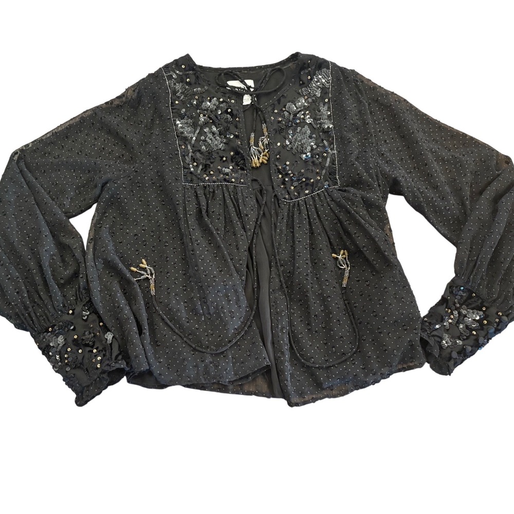 Zara Black Sequin Floral Embroidered Sheer Swiss Dot Tie Front Blouse Medium
